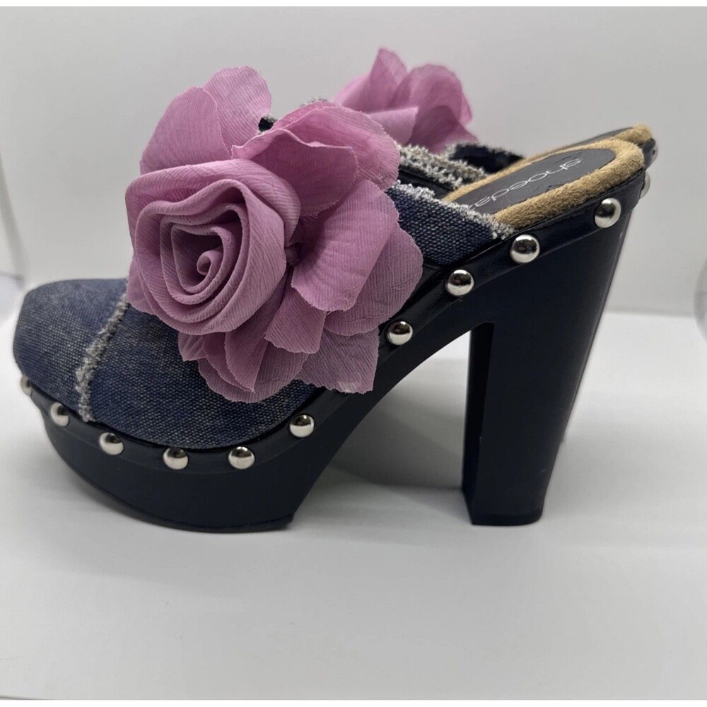 ShoeDazzle Women’s Denim Mule Clogs Pink Flower Platform Heels Studded Size 7 - Picture 10 of 11